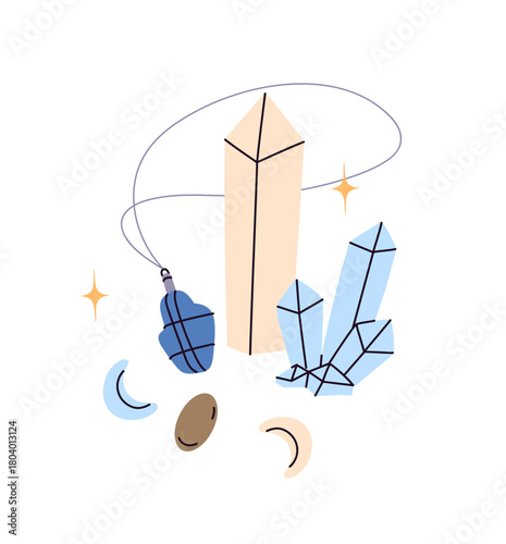 Magic crystals and pendant with esoteric gemstones for witchcraft and fortune telling. Sorcery and astrology stones for divination. Prediction items. Flat isolated vector illustration on white