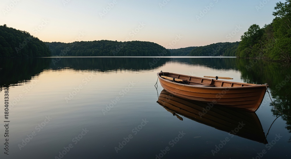 Obraz premium A small wooden rowboat gently floats on a serene, calm lake, reflecting the peaceful natural surroundings under a clear sky ,picturesque ,nobody present ,idyllic