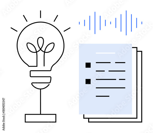 Lightbulb as a creativity metaphor, soundwave symbolizing communication, and orderly documents portraying planning. Ideal for innovation, brainstorming, strategy development, ideas, communication