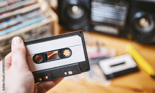 Close-up of a person's hand holding an audio cassette tape with a blank label with space to add text - old media storage device conceptual