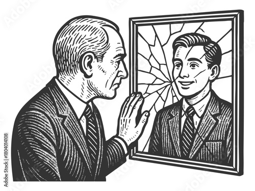 elderly man looking into a cracked mirror that reflects his younger self, time and memory sketch engraving generative ai fictional character vector illustration. Scratch board. Black and white image.