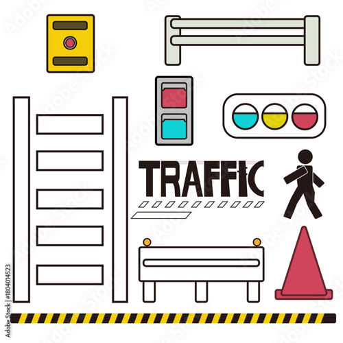 交通安全アイコンセット・信号機・標識・コーン・バリケードのイラスト