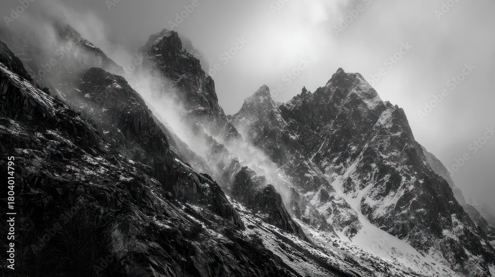 Obraz premium Dramatic monochrome mountain peaks shrouded in mist and light snow, stark, imposing