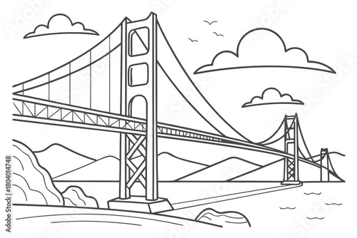 Minimilist illustration of a large suspension bridge over water with mountains and clouds in the background vector