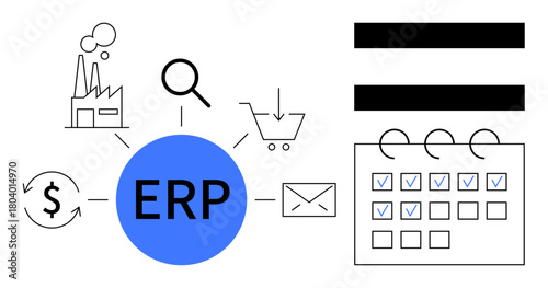 ERP at the center, arrows extending to factory, shopping cart, calendar, envelope, magnifying glass, and currency. Ideal for workflow, supply chain finance e-commerce management systems