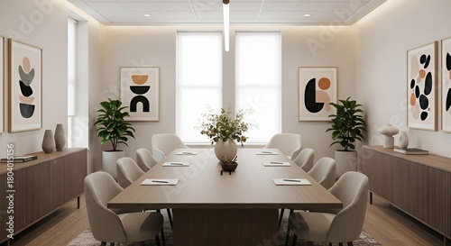 Contemporary office room showcasing a matte wooden table, cushioned client chairs, and balanced décor producing a calm and organized meeting setup