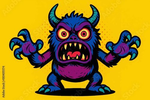 blue monster with horns and claws, yelling with rage in a bold comic pop art design. Generative ai vector colorful pop art illustration.