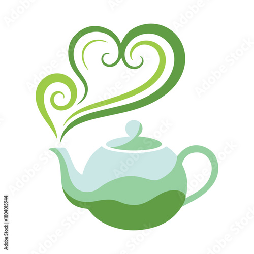 Chubby green teapot with heart shaped steam isolated on transparent background
