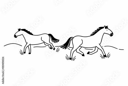 Minimilist two horses running side by side in a field with grass in a simple black and white line drawing style vector