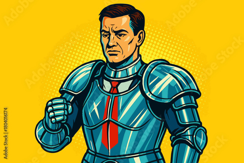 businessman wearing medieval armor and a red tie, symbolizing leadership, resilience, protection, and strength. Generative ai vector colorful pop art illustration.