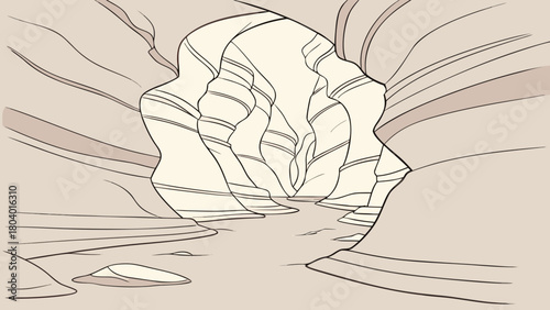 Minimilist illustration of a narrow canyon with water flowing through it and layered rock formations visible vector