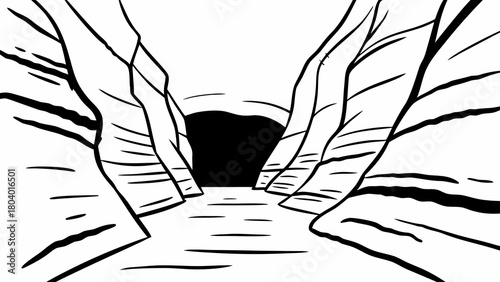 Minimilist illustration of a canyon with a dark cave entrance and water flowing through the canyon floor view vector