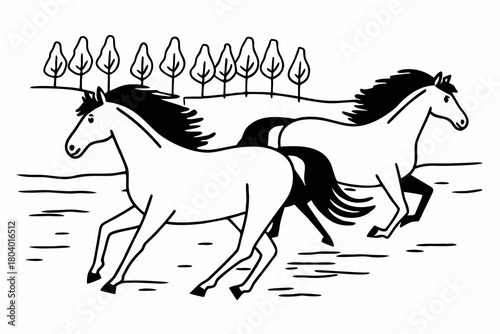 Minimilist two horses running in a field with trees in the background in a simple black and white drawing style vector