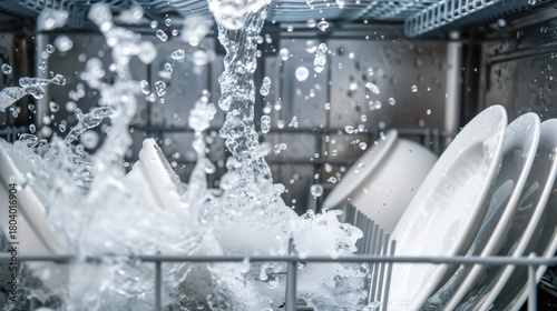 A close-up view of a dishwasher in action, with water splashing over clean plates and bowls. The interior is metallic and filled with kitchenware.