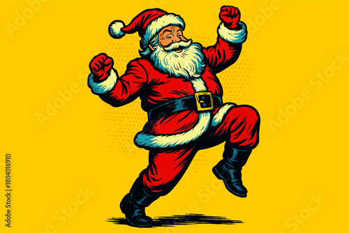 Santa Claus joyfully dancing with raised arms, celebrating the festive holiday season in style. Generative ai vector colorful pop art illustration.