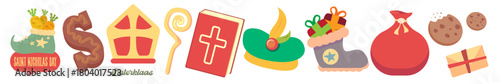 Sinterklaas and Saint Nicholas Day icons set vector illustration, traditional Dutch and Belgian holiday symbols, creative graphic art for greeting cards, invitations, and cultural event decorations