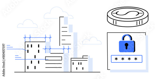 Skyscrapers under construction with scaffolding next to a coin and a password entry screen with a lock. Ideal for fintech, cybersecurity, urban growth, digital economy, innovation, privacy, modern