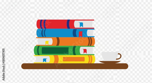 Stack of colorful books with a cup of coffee on a shelf.