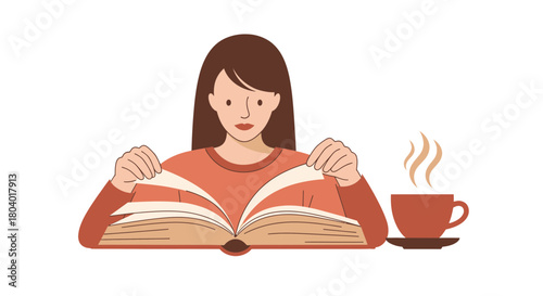 Woman reading a book with a cup of coffee beside her.