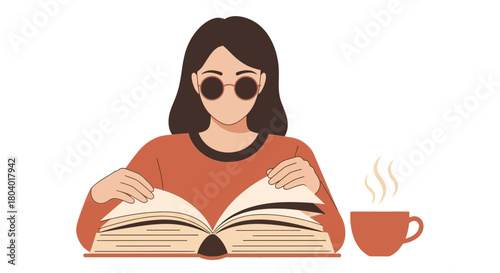 Person wearing sunglasses reads a book with a steaming cup of coffee.