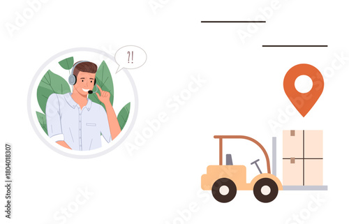 Customer service agent with headset speaking and coordinating logistics for forklift carrying boxes. Ideal for teamwork, customer service, logistics, delivery, communication, efficiency, simple flat
