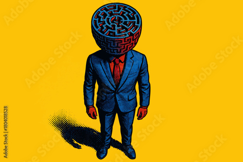 man in a suit with a labyrinth as a head, representing confusion, overthinking, or complex decision-making. Generative ai vector colorful pop art illustration.