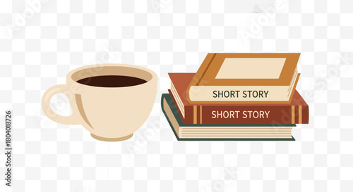 Cup of coffee next to a stack of short story books.