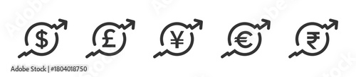 Cost increase icons. Euro, Dollars, Pound, Yen and Rupee price increase icon. Value of money increase signs