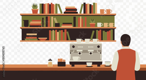Barista stands at counter with coffee machine and shelves of books.
