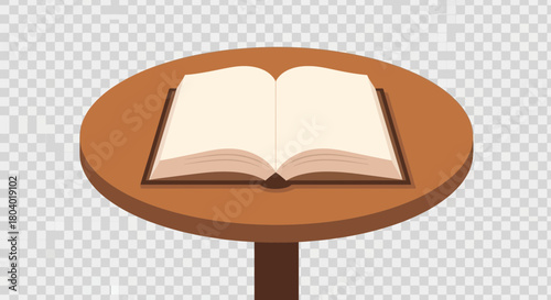 Open book resting on a round table.