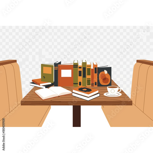 Books and coffee cup on a wooden table between seats.