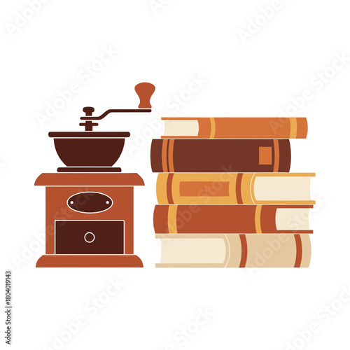 Coffee grinder and stack of books illustration.