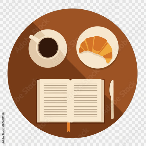 Coffee cup, croissant, open book, and knife on a table.