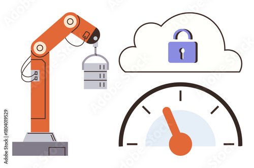 Robotic arm holding data server, cloud with padlock, and speedometer indicator. Ideal for technology, automation, data storage, cloud security, efficiency, innovation and optimization concepts