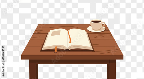 Open book and coffee cup on a wooden table.