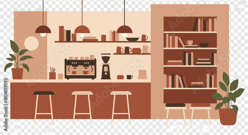 Cafe interior with coffee machine, books, and seating.