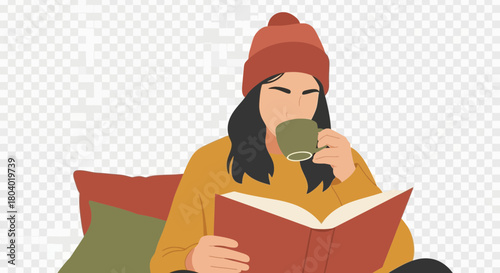 Person wearing a beanie drinks from a mug while reading a book.