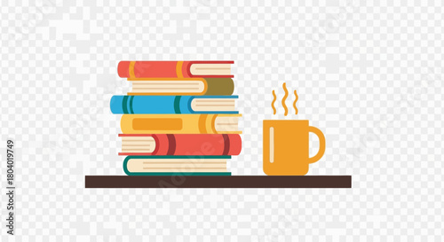 Stack of books next to a steaming mug on a shelf.