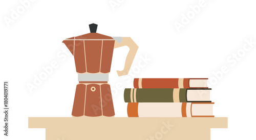 Coffee pot and stack of books on a table.