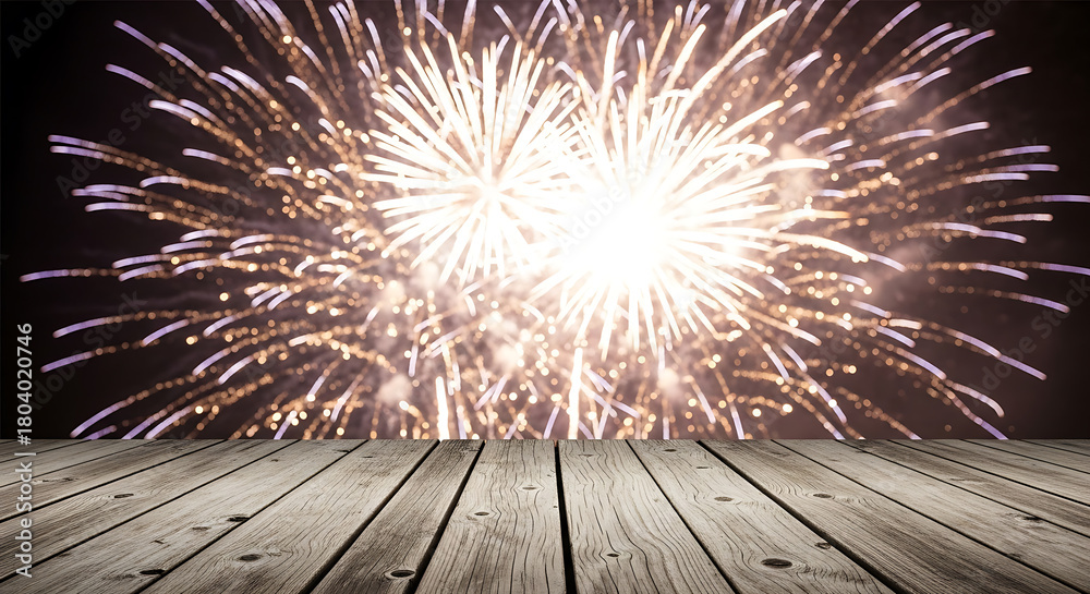 Obraz premium Bright firework explosion over wooden deck at night