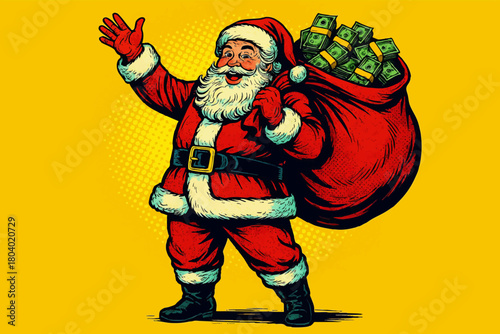 Santa Claus joyfully running with a sack full of cash in a vibrant pop art retro style. Generative ai vector colorful pop art illustration.