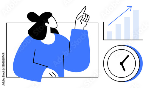 A woman pointing at an upward graph with a clock, representing analysis, time management, planning, progress, goal achievement, productivity, and strategy. Ideal for growth concept simple flat