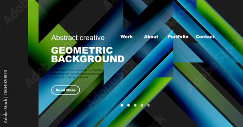 Abstract geometric background design. Website header with navigation options, text, button. Vibrant colors, modern style.
