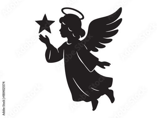 Black silhouette of christmas angel holding star, illustration. concept of holiday, decoration, festive spirit, celestial being, divine messenger, design element, white background