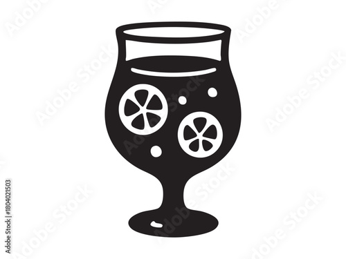 Black silhouette of christmas drink in fancy glass with citrus slices, isolated on white background. concept of festive beverage, holiday spirit, decor, icon, logo, design element.