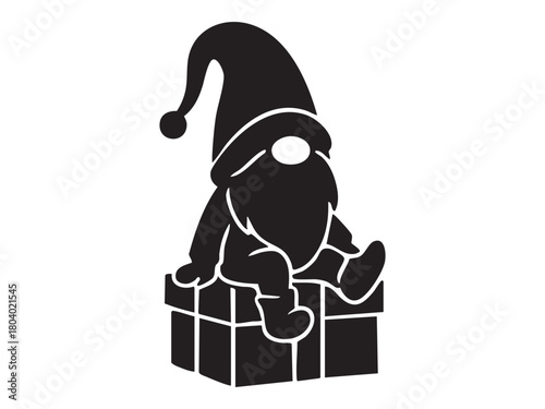 Black silhouette of christmas elf sitting on gift box, isolated on white background. concept of holiday, festive season, santa's helper, decoration, icon, design element
