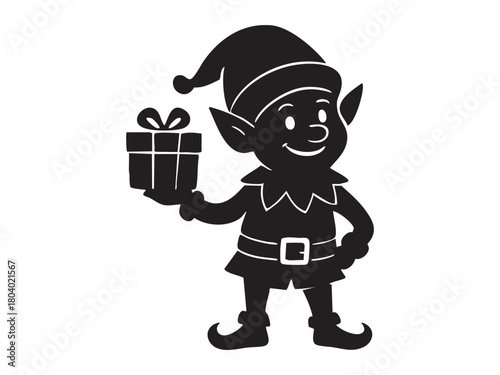 Black silhouette of christmas elf holding gift box, isolated on white background. concept of santa's helper, festive season, holiday cheer, mythical creature, design element