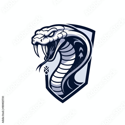 Aggressive cobra snake head logo with fangs bared inside a shield emblem design.