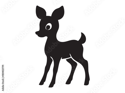 Black silhouette of cute baby deer fawn standing on white background. concept of wildlife, baby animal, nature, silhouette art, icon, logo, decorative design element