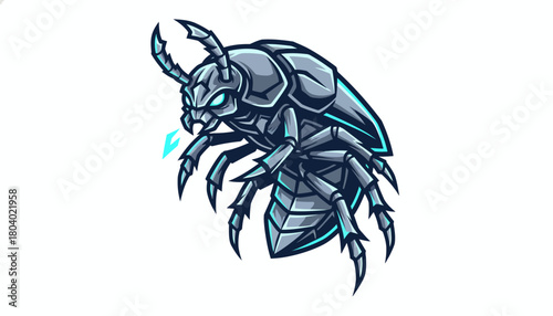 A detailed, stylized illustration of a metallic beetle with glowing blue eyes and a fierce expression, rendered in a modern graphic style.